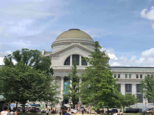宏偉的白色建築，金色圓頂，周圍有綠樹和人們在陽光明媚的日子裡。