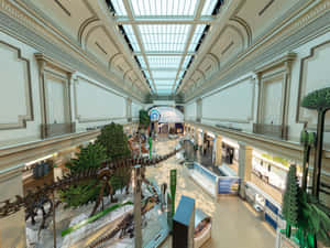 在擁有玻璃天花和古典建築風格的大型博物館中展示的恐龍骨架。