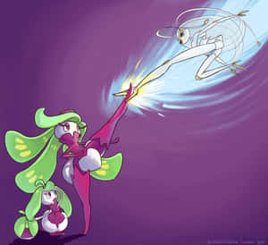 兩隻寶可夢正在交戰，其中一隻踢向另一隻，同時發出發光的能量爆發。 — 紫色 壁紙