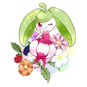 可愛的動漫寵物小精靈被鮮花和漿果包圍。