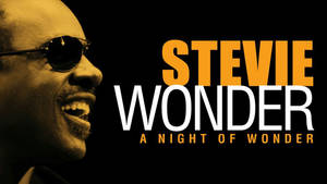 Stevie Wonder 戴著太陽眼鏡微笑，並帶有演唱會文字疊加。