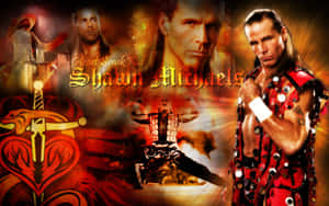 摔角手 Shawn Michaels 身穿紅色服裝，帶有心形和劍形圖案。