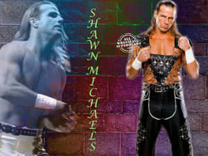 摔角手 Shawn Michaels 以兩個姿勢在色彩繽紛的磚牆前，並顯示他的名字。