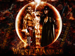 WWE摔角手Shawn Michaels和The Undertaker在WrestleMania 26的火焰圓圈中站立。
