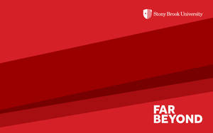 石溪大學標誌和文字 FAR BEYOND 在紅色幾何背景上