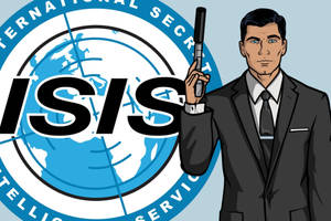 穿著西裝的卡通間諜在 ISIS 情報機構標誌旁邊拿著手槍。