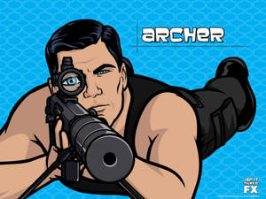 卡通角色 Archer 用藍眼睛瞄準狙擊步槍。