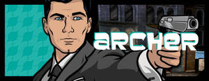穿西裝卡通男人用槍瞄準，帶有 'archer' 文字