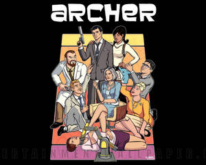 《Archer》電視劇演員以色彩繽紛的卡通風格在沙發上擺姿勢。