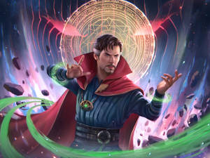 奇異博士在宇宙環境中施展帶有發光綠色能量的魔法咒語。