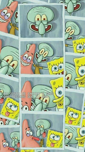卡通角色 SpongeBob、Patrick 和 Squidward 在帶有葡萄牙語文字的連環漫畫中。