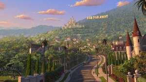 蜿蜒的道路通往山丘上的城堡，'FAR FAR AWAY' 標誌在日落時閃耀。 — 史力加 GIF 壁紙