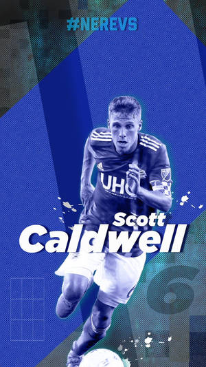 足球運動員 Scott Caldwell 在藍色幾何背景和文字疊加中移動。 — 足球 壁紙