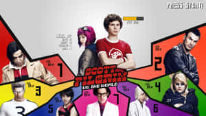Scott Pilgrim vs. the World 遊戲海報，七個邪惡前任在彩色面板中。