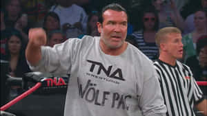 摔角手穿著灰色 TNA Wolf Pac T恤，在裁判附近於擂台上揮拳。