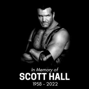 摔角手 Scott Hall 1958-2022 交叉雙臂的黑白紀念肖像。