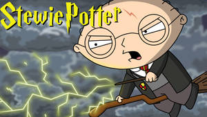 卡通角色 Stewie Potter 在雷電交加的天空中騎著掃帚飛行。 — 美學哈利波特gif 壁紙