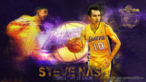 Steve Nash 身穿湖人球衣，手持籃球，背景為發光的紫色和金色。 — 波士頓塞爾特人 GIF 壁紙