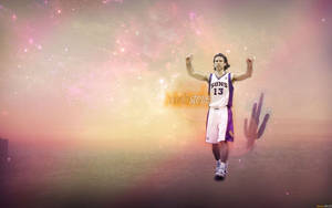 Steve Nash 身穿太陽隊球衣在宇宙空間中舉拳慶祝。