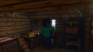 Minecraft角色喺木造小屋入面喺黃昏時望出窗外