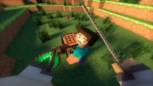 Minecraft玩家在草地方塊世界中手持劍和盾牌