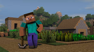 在方塊狀房屋和綠植的村莊中，Minecraft角色手持鎬子。