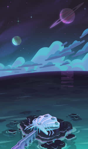 未來風格太空船在浮空島上，星空下，有發光行星。