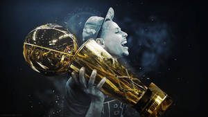 籃球運動員在宇宙背景下高舉NBA冠軍獎盃。