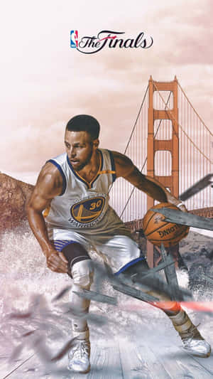 NBA總決賽籃球運動員身穿金州勇士隊球衣在金門大橋附近運球。