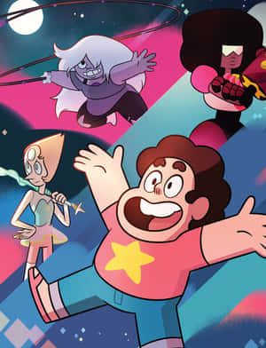 四個動畫角色在太空中帶著喜悅的表情和動態姿勢。