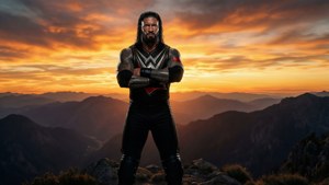 摔角手在日落時分站在山頂上，雙臂交叉。 — Roman Reigns 壁紙