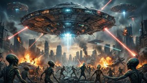 外星生物在UFO攻擊下穿越燃燒的城市。 — 史詩 壁紙