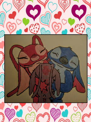 Lilo 和 Stitch 在愛心環繞下擁抱。