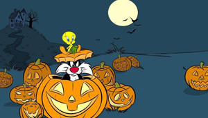 Sylvester the Cat 和 Tweety Bird 在滿月下與雕刻南瓜和飛舞的蝙蝠之間。 — 貓頭鷹之家 壁紙