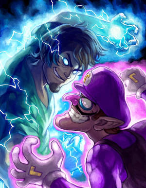 兩個動畫角色在動態的戰鬥場景中釋放發光的能量。