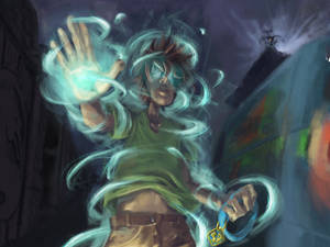 年輕人在黑暗奇幻場景中釋放出發光的青綠色魔法能量。