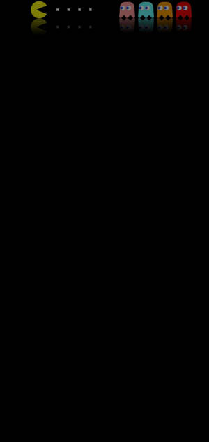 Pacman 和四個鬼魂在黑色背景上發光，帶有反射效果。
