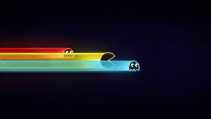 Pacman 同鬼魂喺復古電子遊戲場景中穿過色彩繽紛嘅霓虹軌跡競賽。