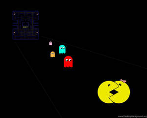 黃色 Pacman 在黑色背景的發光迷宮中追逐四個鬼魂。