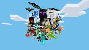 Minecraft角色和生物在藍天白雲中漂浮。