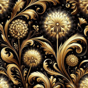 金色蒲公英和旋轉的葉子在黑色背景上，帶有星狀閃光。 — 設計 壁紙