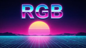 日落時分的霓虹網格景觀，帶有RGB文字和條紋太陽。