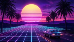 一輛復古汽車在發光的網格道路上，背景是充滿活力的日落和棕櫚樹。