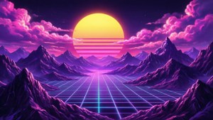 紫色山脈框住了霓虹網格景觀上方的發光太陽。 — 復古浪潮 壁紙