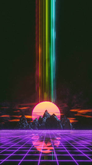 霓虹光束從發光的太陽降下，落在紫色網格和山脈上，夜晚景色。