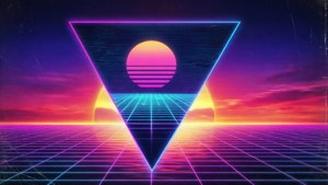 霓虹三角形與像素太陽，位於發光網格地平線之上，日落時分。