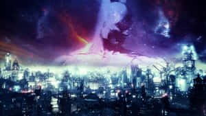 在色彩繽紛的宇宙天空下的未來城市天際線夜景。