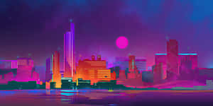 未來主義的城市天際線在夜晚的粉紅色月亮下閃爍著霓虹燈光。