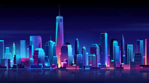 霓虹燈城市天際線夜景，摩天大樓倒映在水中。 — 霓虹藍色美學 壁紙