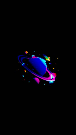太空中帶有彩色環和漂浮球體的發光行星。 — 行星 壁紙